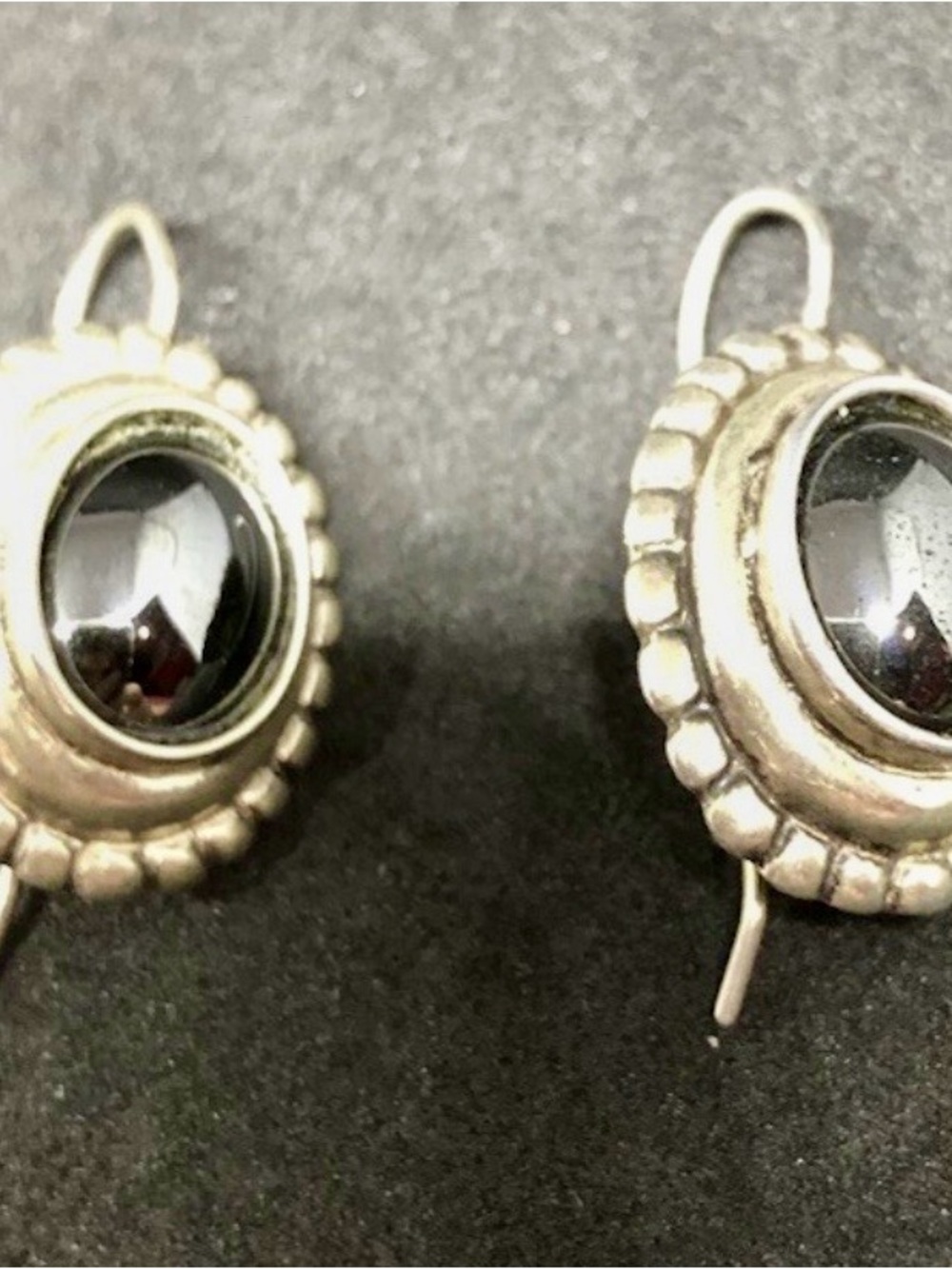 Vintage Sterling Hematite Cabochon Drop Earrings - Set in Twisted Rope Border. - Picture 2 of 5